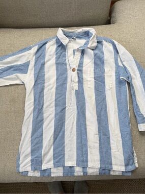 Old Navy Blue and White Vertical Stripe Linen Top